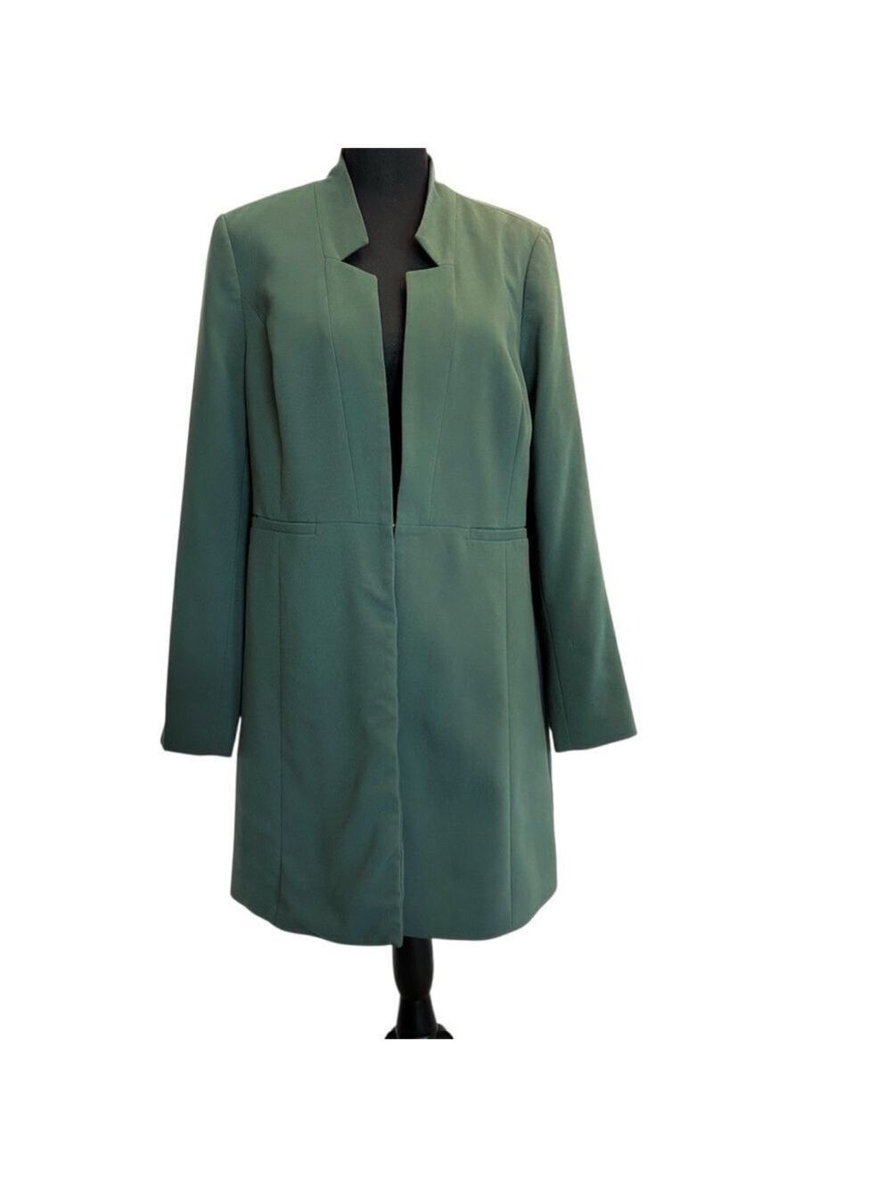 Melanie Lyne forest green long blazer coat open front clasp closure Sz 12 NWOT